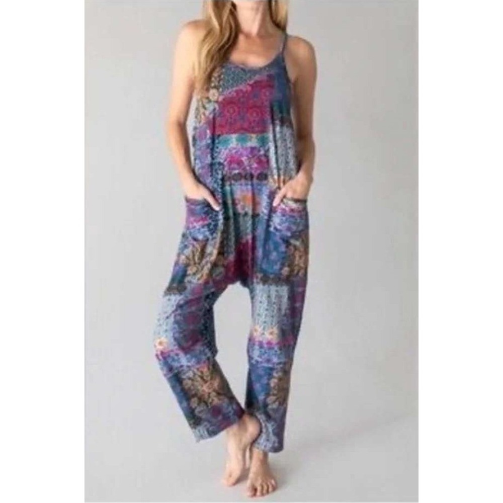NEW Natural Life Lucy Floral Patchwork Print Jumpsuit Womens XL Boho Purple Pink
